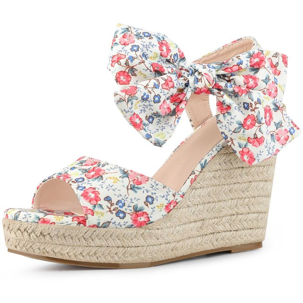 Platform Floral Printed Slingback Espadrille Wedge Sandals Red